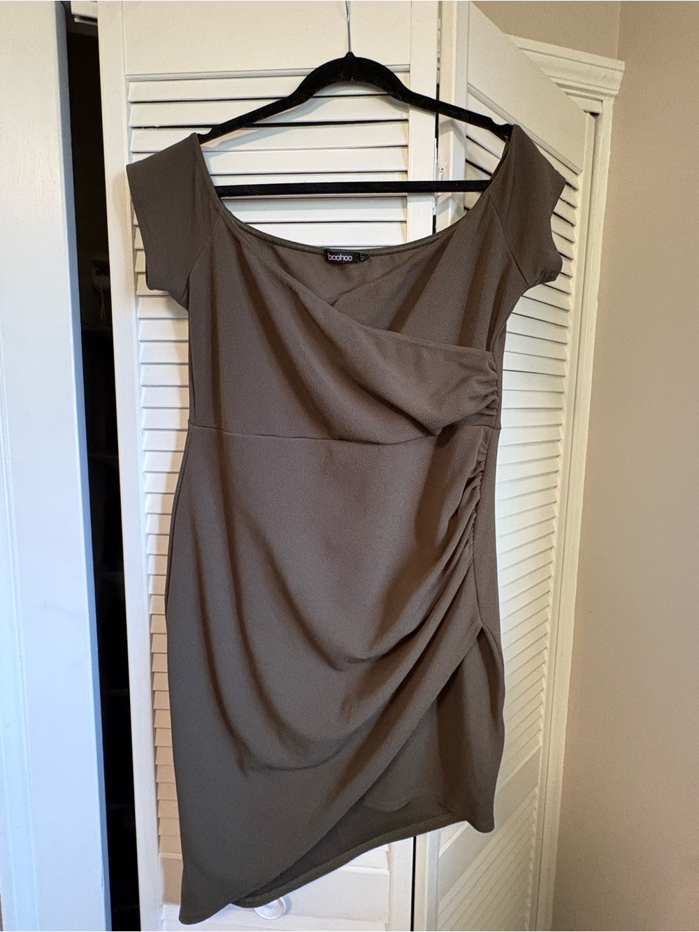 Boohoo Olive One-Shoulder Ruched Wrap Dress